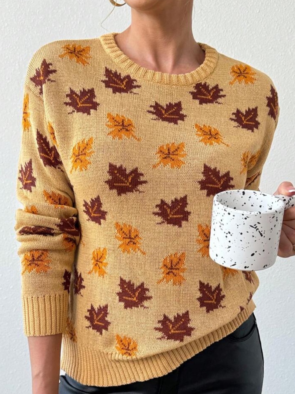 EMERY ROSE Women's Leaf Pattern Round Neck Long Sleeve Knit Sweater,Long Sleeve